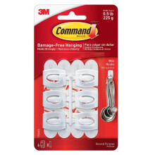 3M Command White Plastic Damage Free Mini Adhesive Hooks Reusable Pack 6