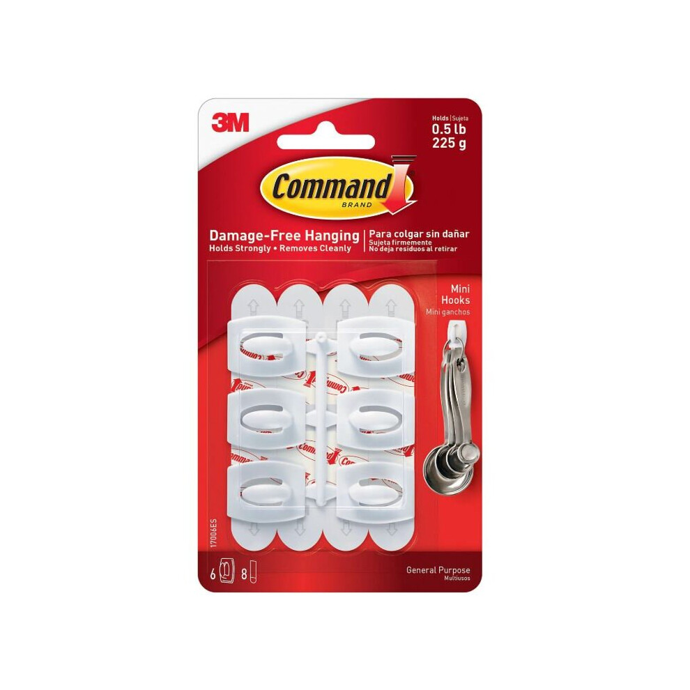 3M Command White Plastic Damage Free Mini Adhesive Hooks Reusable Pack 6