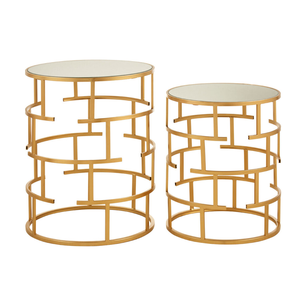 Premier Housewares Set Of 2 Round Bedside Table For Lamp Mirror Tops With Gold Finish Tables For Living Room Modern Metal Frame Table For Sides