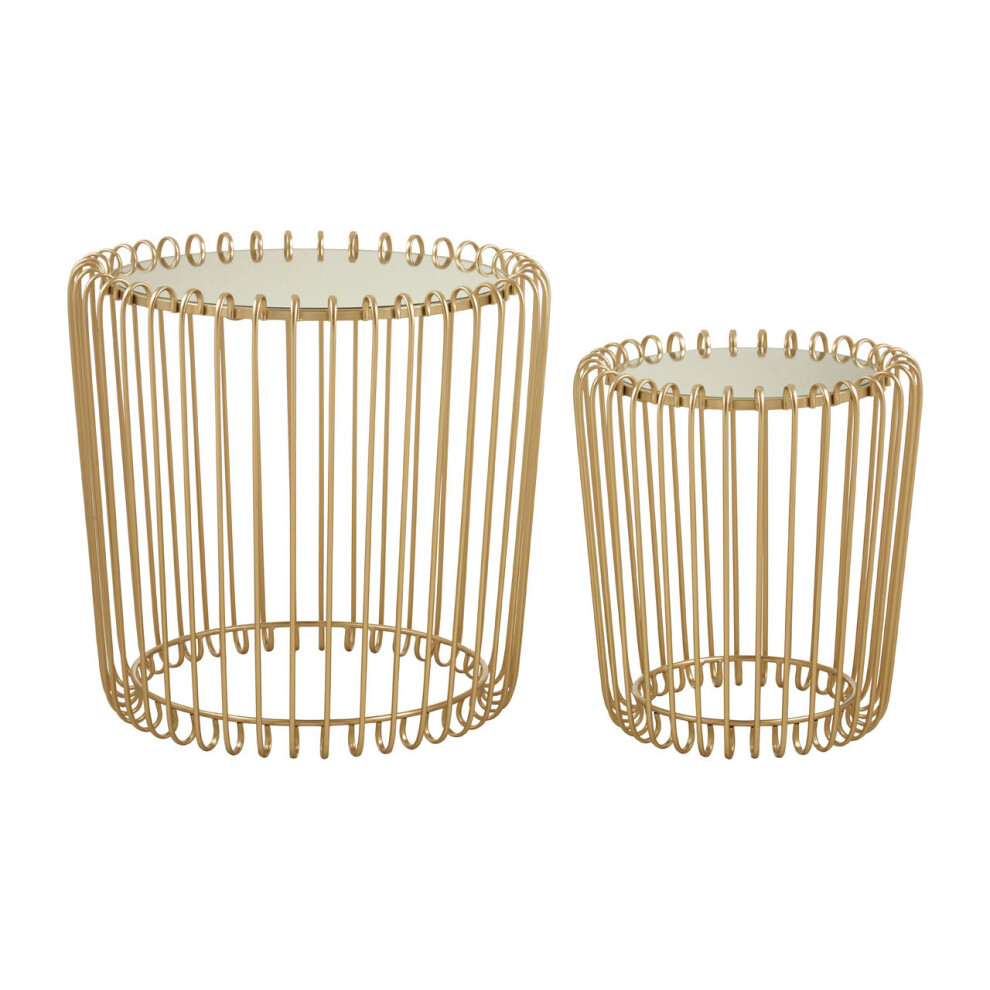 Set of 2 Champagne Wireframe Side Tables, Gold with Mirrored Tops Bedside Tables, End Tables for Lounge