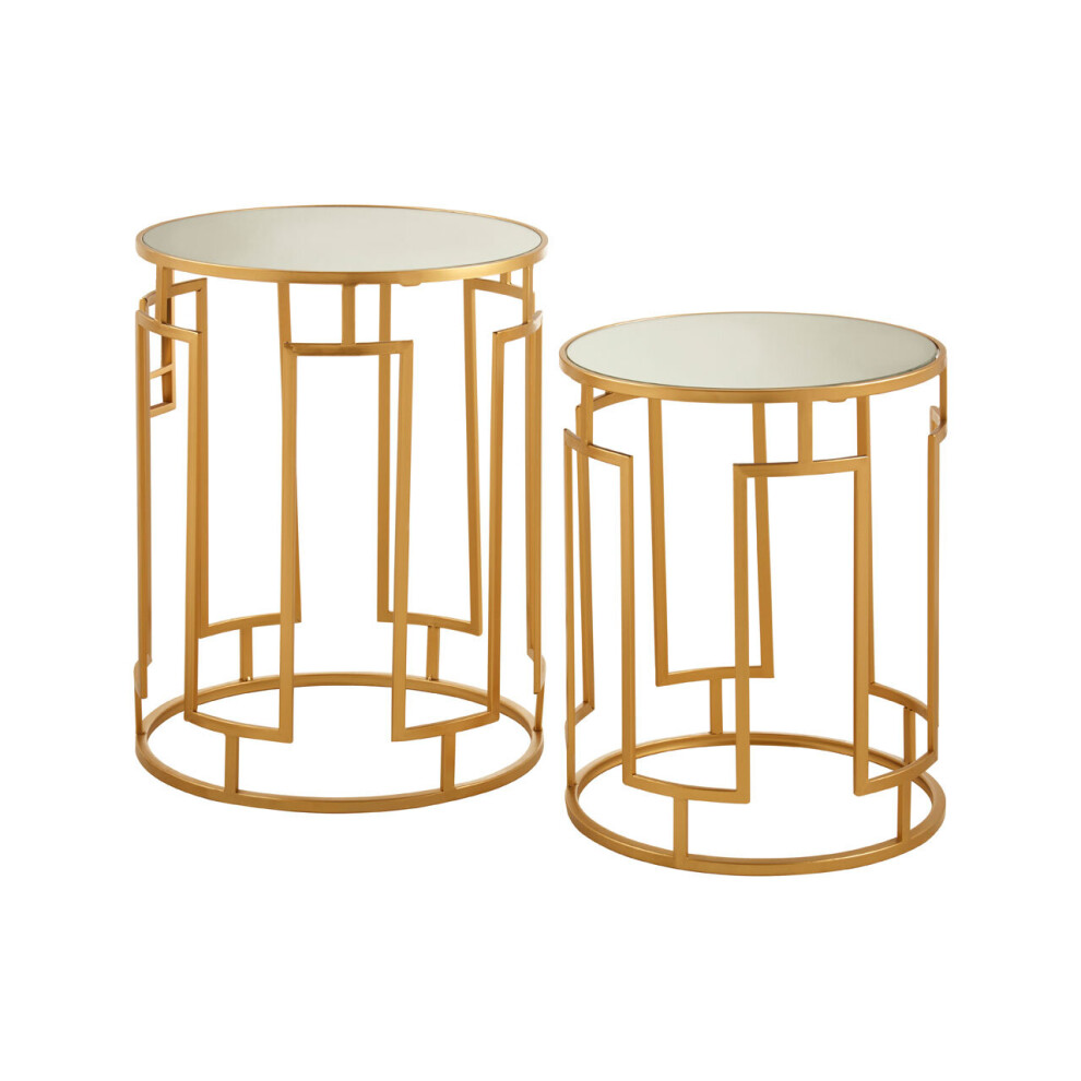 Premier Housewares Set Of 2 Round Bedside Table For Lamp Mirror Tops With Gold Finish Tables For Living Room Modern Metal Frame Table For Sides