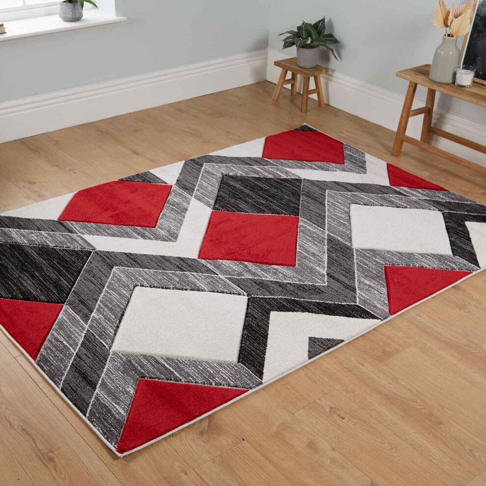 (Black / Red, 200 x 290cm ) Multi Coloured Geometric Diamond Modern Rugs Mat