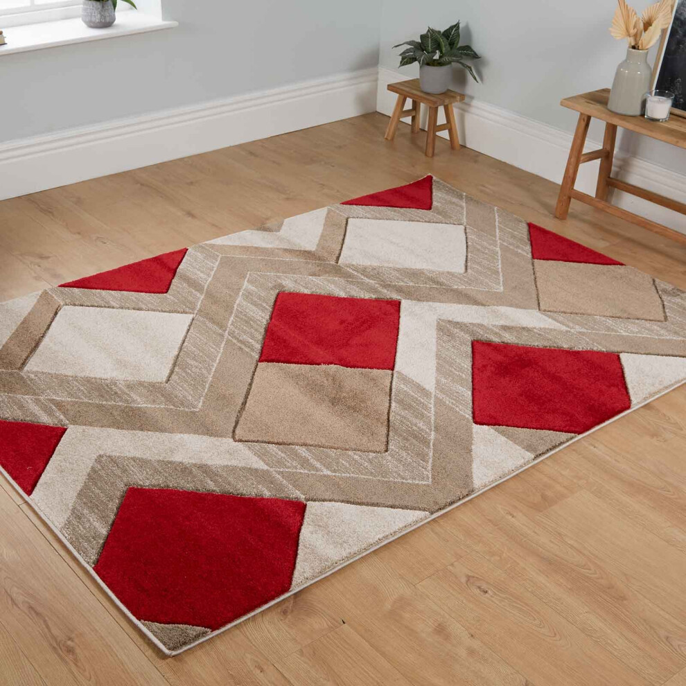 (Cream / Red, 160 x 220cm) Multi Coloured Geometric Diamond Modern Rugs Mat