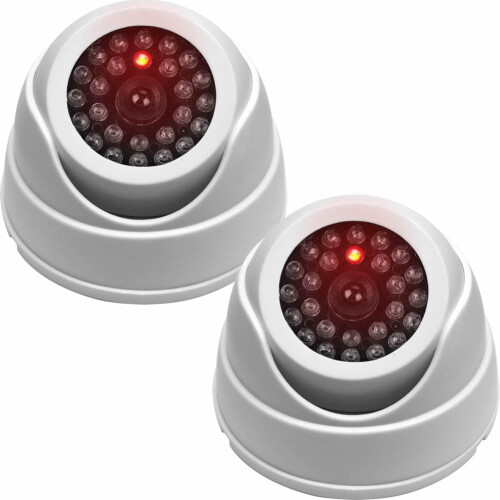 2 x Dummy CCTV Cameras White Dome Security Camera With Red LED