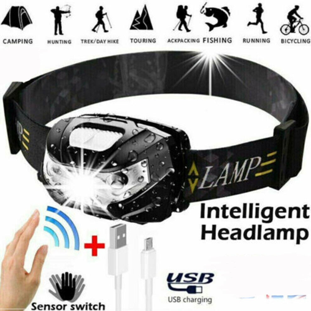 Waterproof Headlight Super Bright Head Torch USB Rechargeable Headlamp