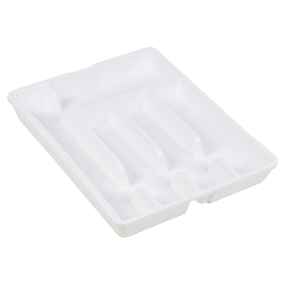 (White) XL Extendable Plastic Cutlery Drawer Storage Tray