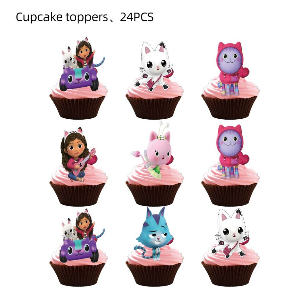 (Cupcake Topper24Pcs) Gabby's Dollhouse Kids Birthday Party Supplies Decor Balloons Flag Cake Topper
