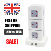 3M 12Way Switched Surge Protected Extension Tower Multi Socket 4 USB