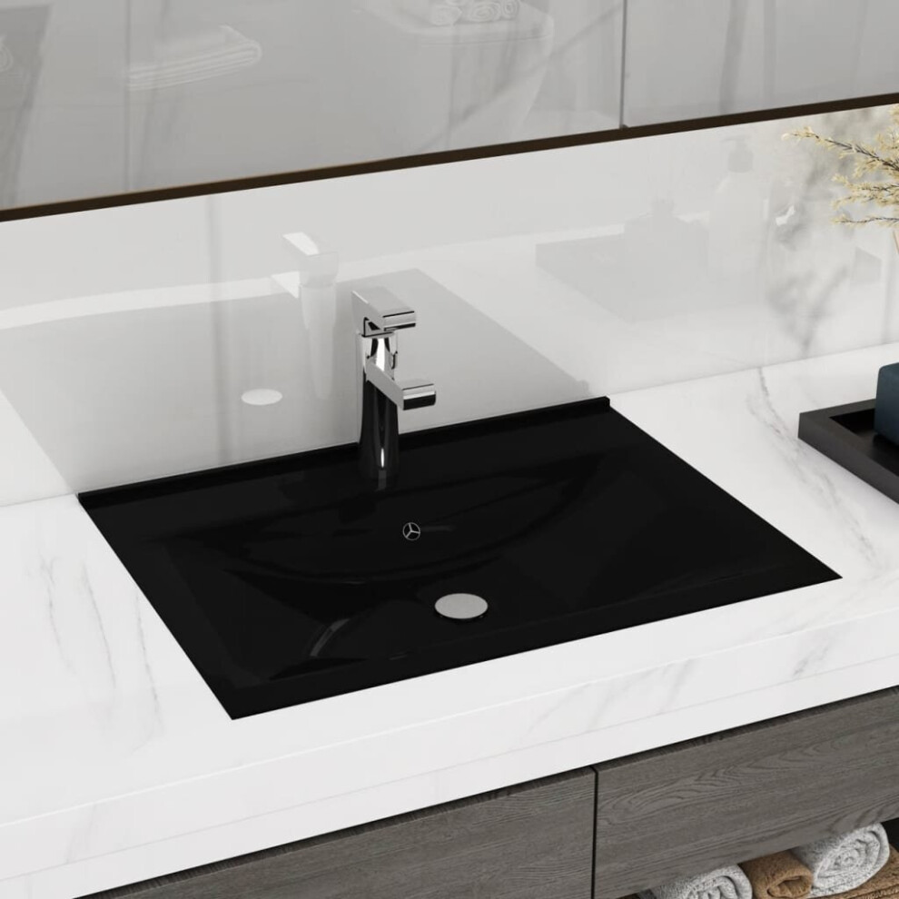 vidaXL Ceramic Basin Rectangular Black with Faucet Hole Bathroom Washroom Sink