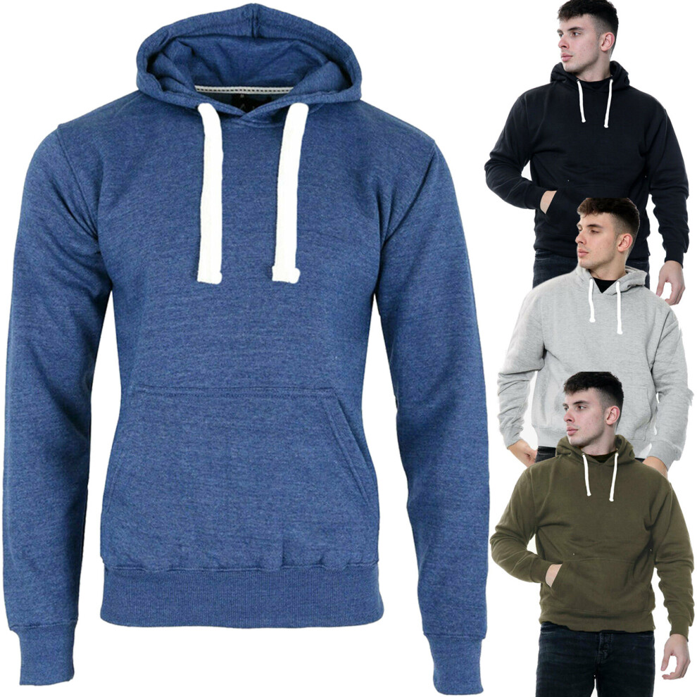 (Blue, S) Mens Pullover Hoodie Plain Fleece Sweatshirt Top