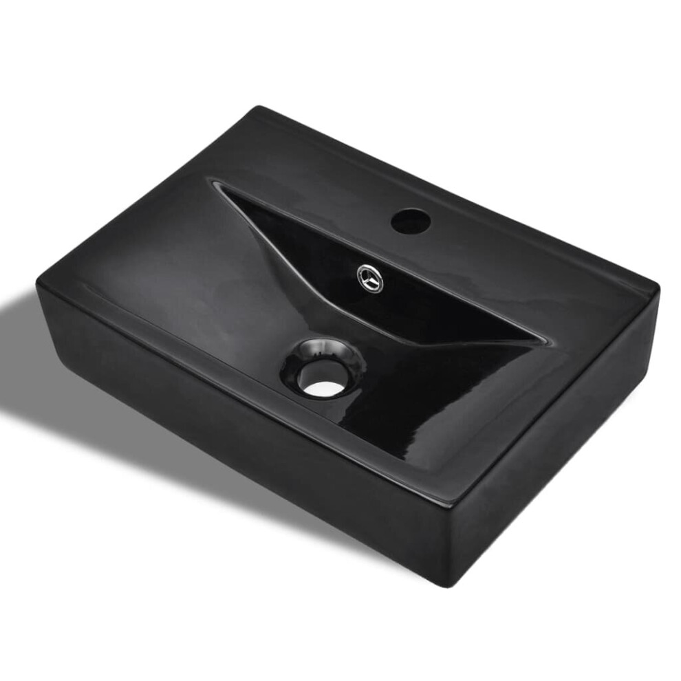 vidaXL Ceramic Bathroom Sink Basin Faucet/Overflow Hole Black Rectangular Bath