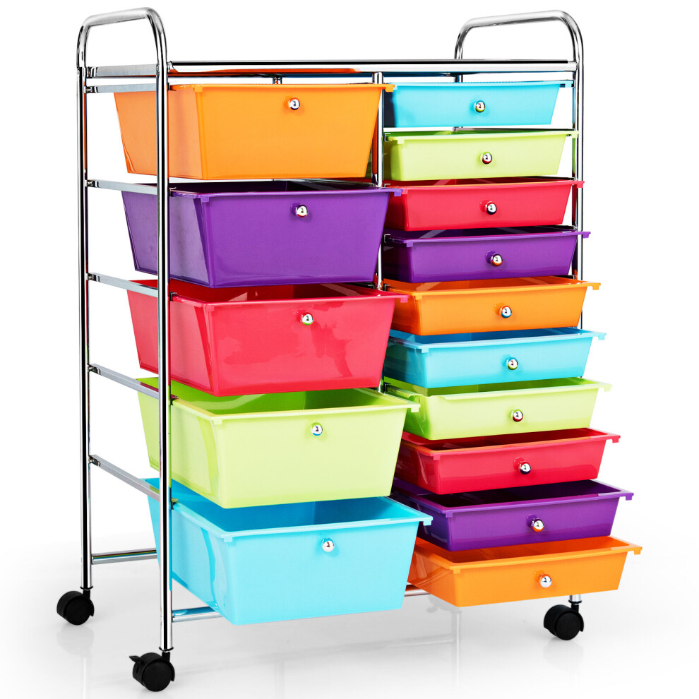 15 Drawers Storage Trolley Home Office Stationary Rolling Cart w/4 Wheels