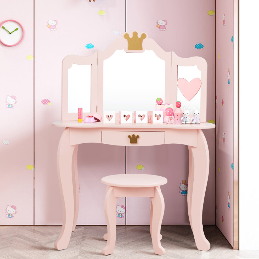 Kids Dressing Table Vanity Set Wooden Stool w/ Detachable Mirror