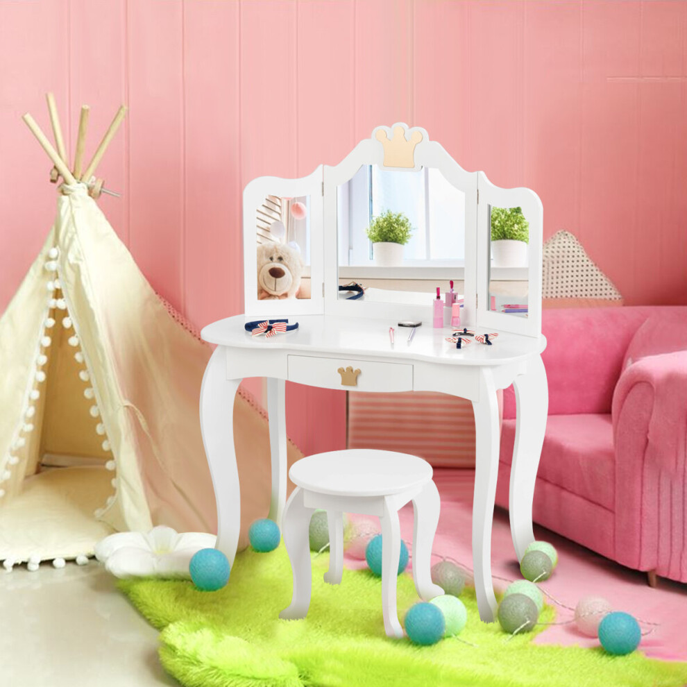 Kids Dressing Table Vanity Set Wooden Stool w/Tri-folding  Mirror