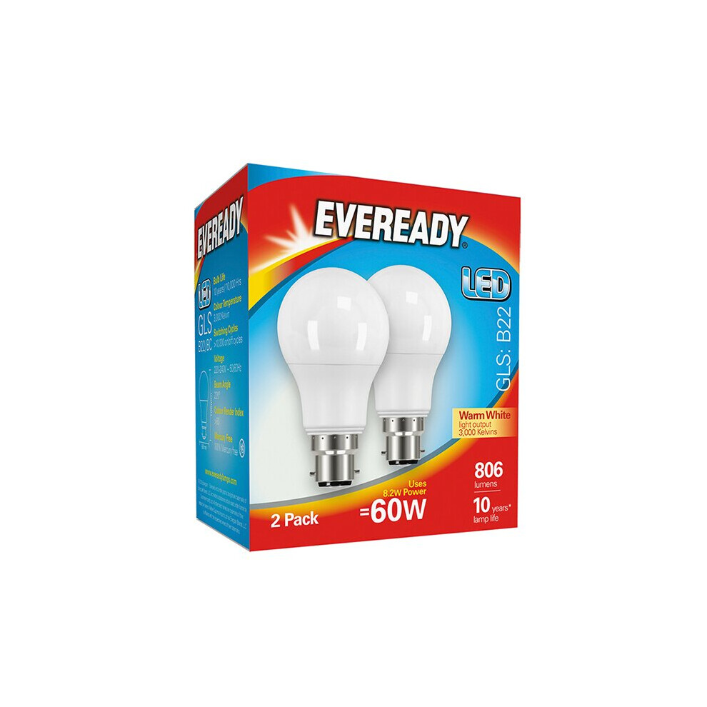 Eveready LED GLS 806 Lumen B22 Warm White x 2 S15301