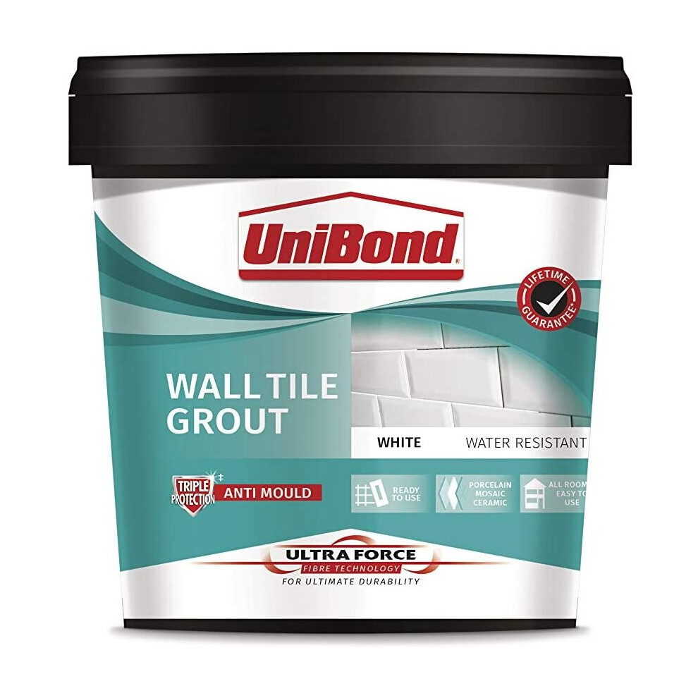 UniBond Ultra Force Wall Tile Grout, Waterproof Grout for Tiling, Mould Resistant Grout for All Rooms, Porcelain, Mosaic and Ceramic Tiles, White Grou
