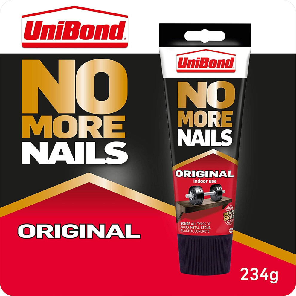 UniBond 1968125 No More Nails Original, Heavy-Duty Mounting Adhesive, Strong Glue for Wood, Ceramic, Metal & More, White instant Grab Adhesive, 1 x 23