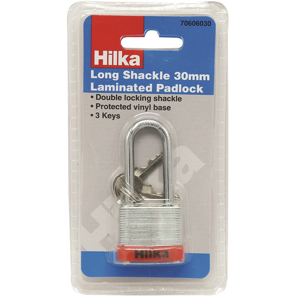 Hilka Tools 70606030 Long Shackle 30mm Laminated Padlock, Silver