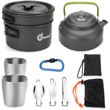 Odoland 11pcs Camping Cookware Mess Kit for 2 People, Lightweight Outdoor Pot Pan Kettle with 2 Cups, Fork Knife Spoon Kit Backpacking Picnic Gear for