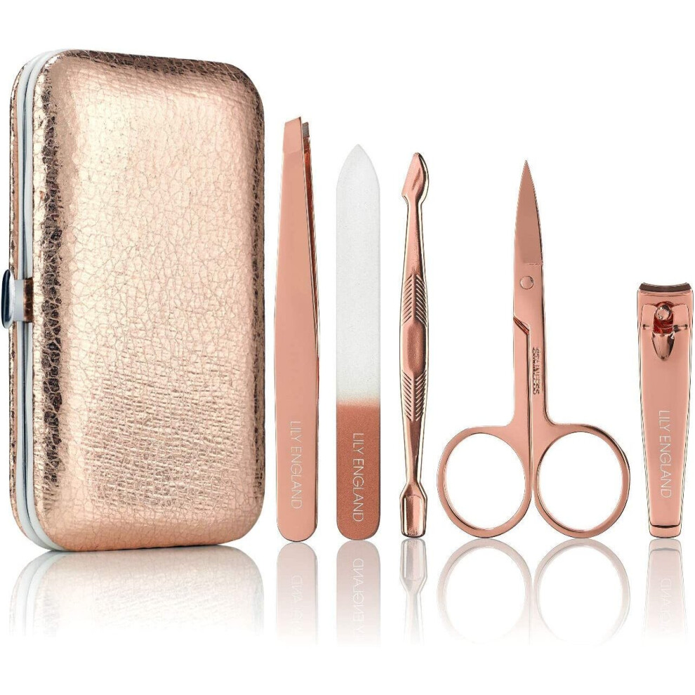 Manicure Set for Women & Girls. Professional Nail Care & Pedicure Kit with Luxury Travel Case, Rose Gold by Lily England