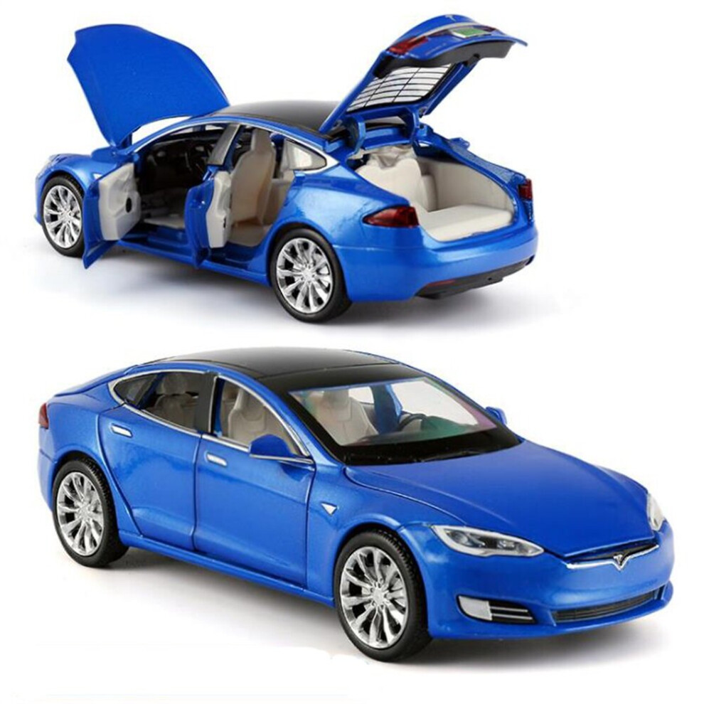 (Blue Tesla) Tesla Model S 90d Suv 1:32 Diecast Model Car Sound&Light Pull Back Cars Toy
