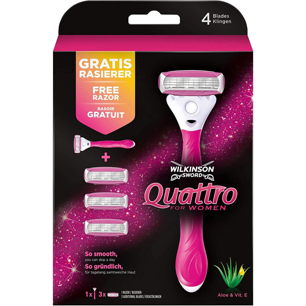 Wilkinson Sword Quattro for Women Razor Blades 3 + 1 Free Handle Promotional Kit