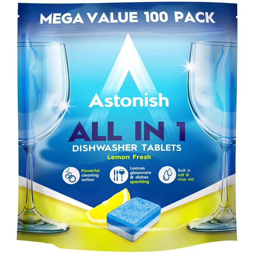 Astonish All In 1 Powerful Cleaning Dishwasher Tablets with Salt and Rinse Aid, Mega Pack of 100 Tablets, Lemon Fresh