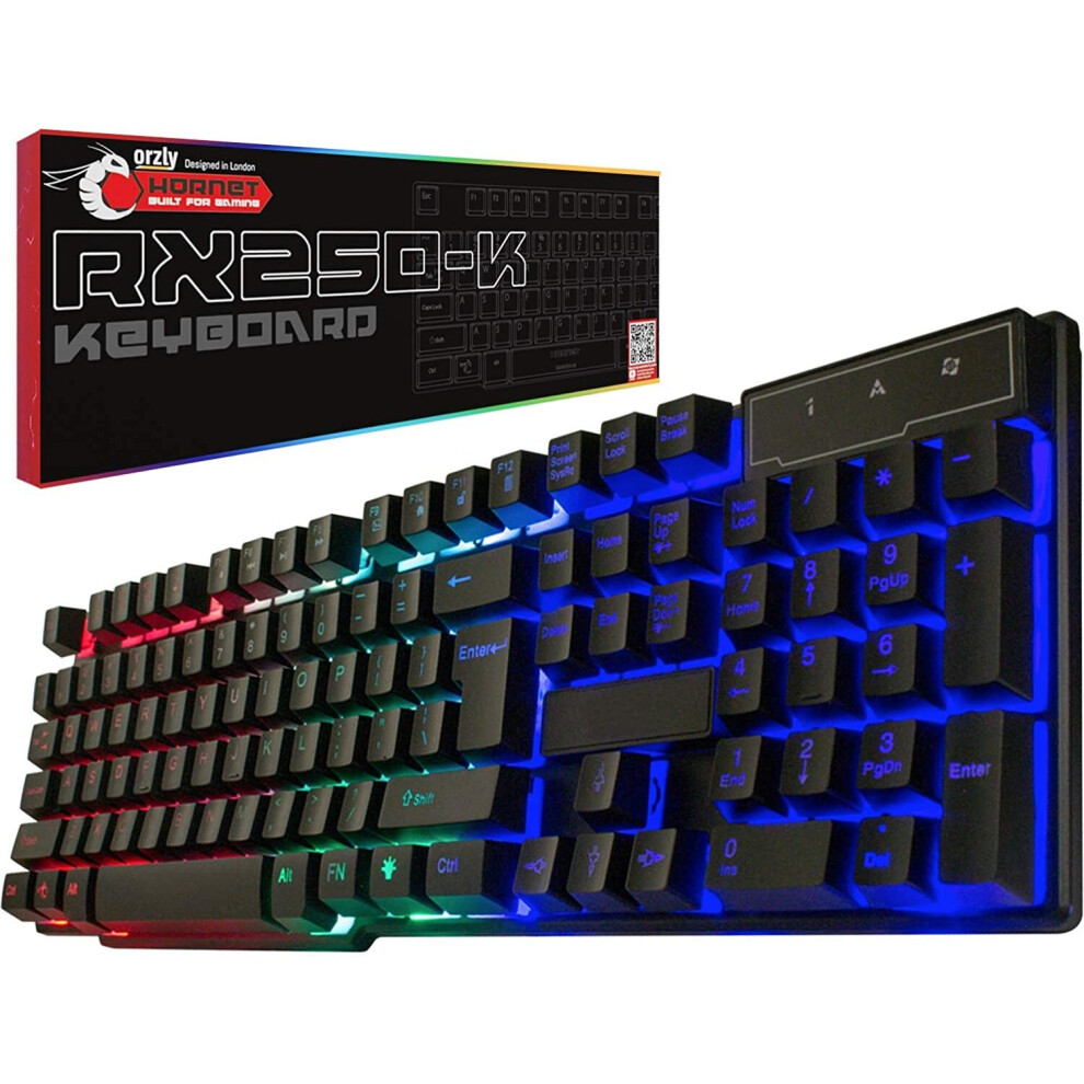 Gaming keyboard RGB USB wired Rainbow Keyboard designed for PC gamers, PS4, PS5, laptop, XBOX, Nintendo switch, Orzly - RX-250 Hornet edition