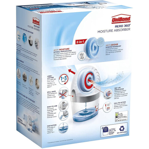 UniBond AERO 360º Moisture Absorber, Ultra-Absorbent Dehumidifier, Helps to  Prevent Condensation, Mould & Musty Smells, Refillable Condensation  Absorber, 1 Device incl. 1 Refill Tab 450 g : : Home