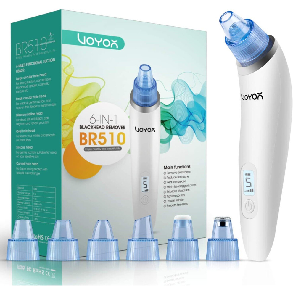 VOYOR Blackhead Remover Vacuum Facial Pore Cleaner 5 adjustable strength level Electric Acne Comedone Extractor Kit with 6 Suction Heads for Women and