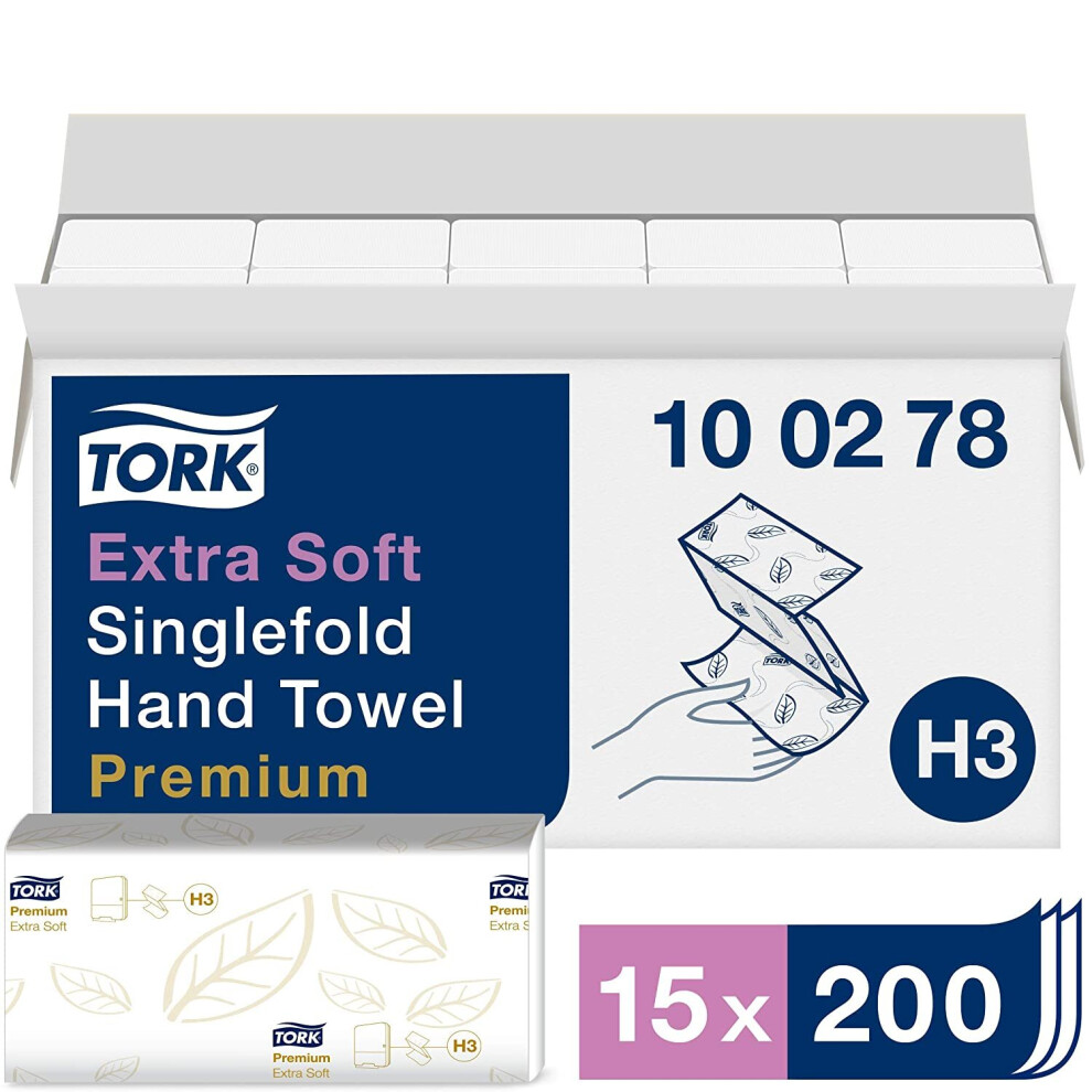 Tork Extra Soft Singlefold Hand Towels 100278 - H3 Premium Folded Paper Towels with High-Absorbency - 2-Ply, White - 15 x 200 Sheets