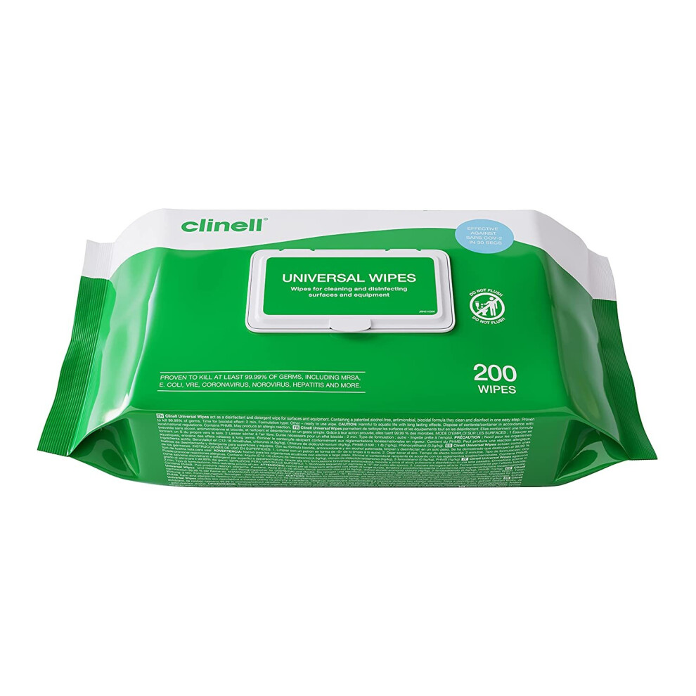 Clinell Universal Cleaning and Disinfectant Wipes for Surfaces - Pack of 200 Thick WipesMulti Purpose Wipes, Kills 99.99% of Germs, Effective in 10 Se