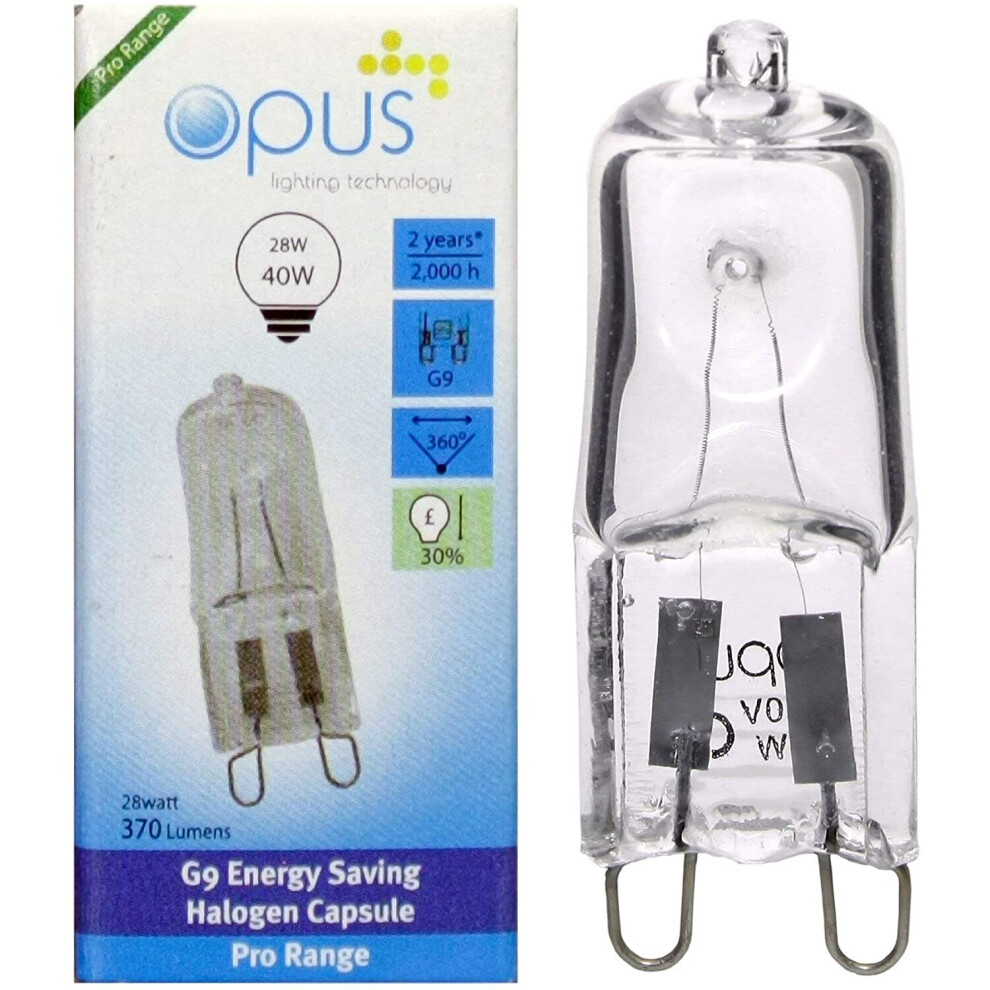 5 x Opus G9 28w = 40w 240v Clear Long Life Eco Halogen Dimmable Light Bulbs