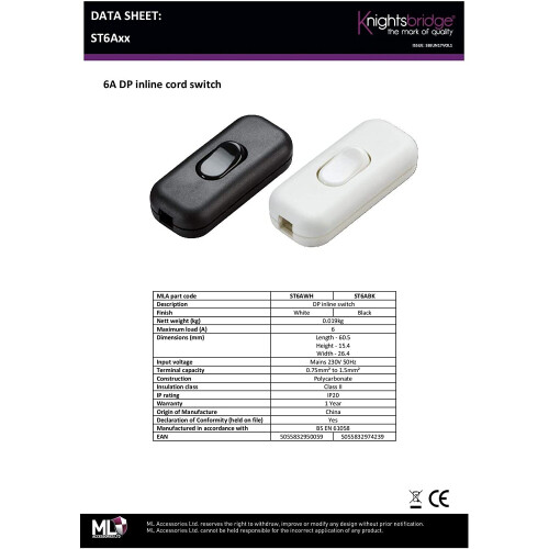 Knightsbridge ST6ABK 6A DP Inline Cord Switch, Black 2