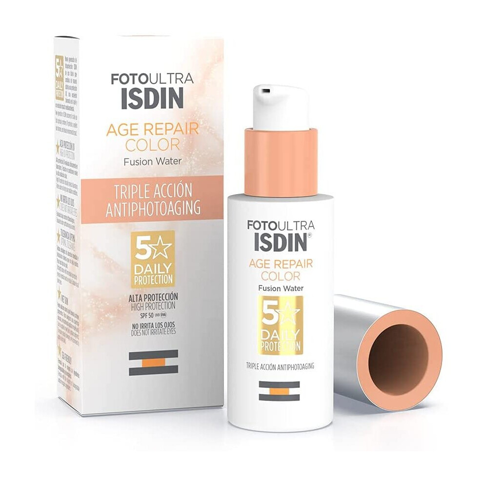 Isdin Fotoultra Age Repair Color Fusion Water Spf 50 - Tinted Facial Sunscreen | Triple Anti-Aging Action | Natural Coverage, 50 Ml