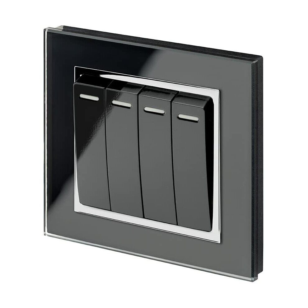 Retrotouch Crystal Quad Light Switch, Chrome Trim, 2-Way, 10Ax, Black Glass 5060260690118
