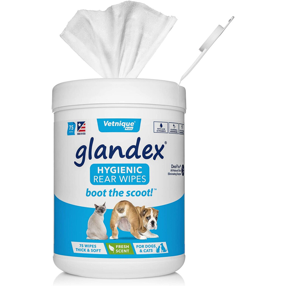 New Glandex Dog Wipes Cleansing Deodorizing Hygienic Anal Gland Grooming Wipes (75Ct Container) - By Vetnique Labs