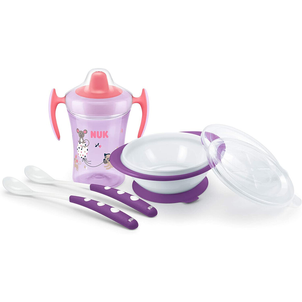 NUK Learn to Eat Set | Trainer Cup Sippy Cup (230 ml) | Feeding Bowl and Feeding Spoons | 6+ Months | BPA-Free | Purple | 4 Count