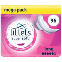 Lil-Lets Super Ultra Soft Sanitary Pads Long with Wings, Unscented, 96 Count, Pack of 8