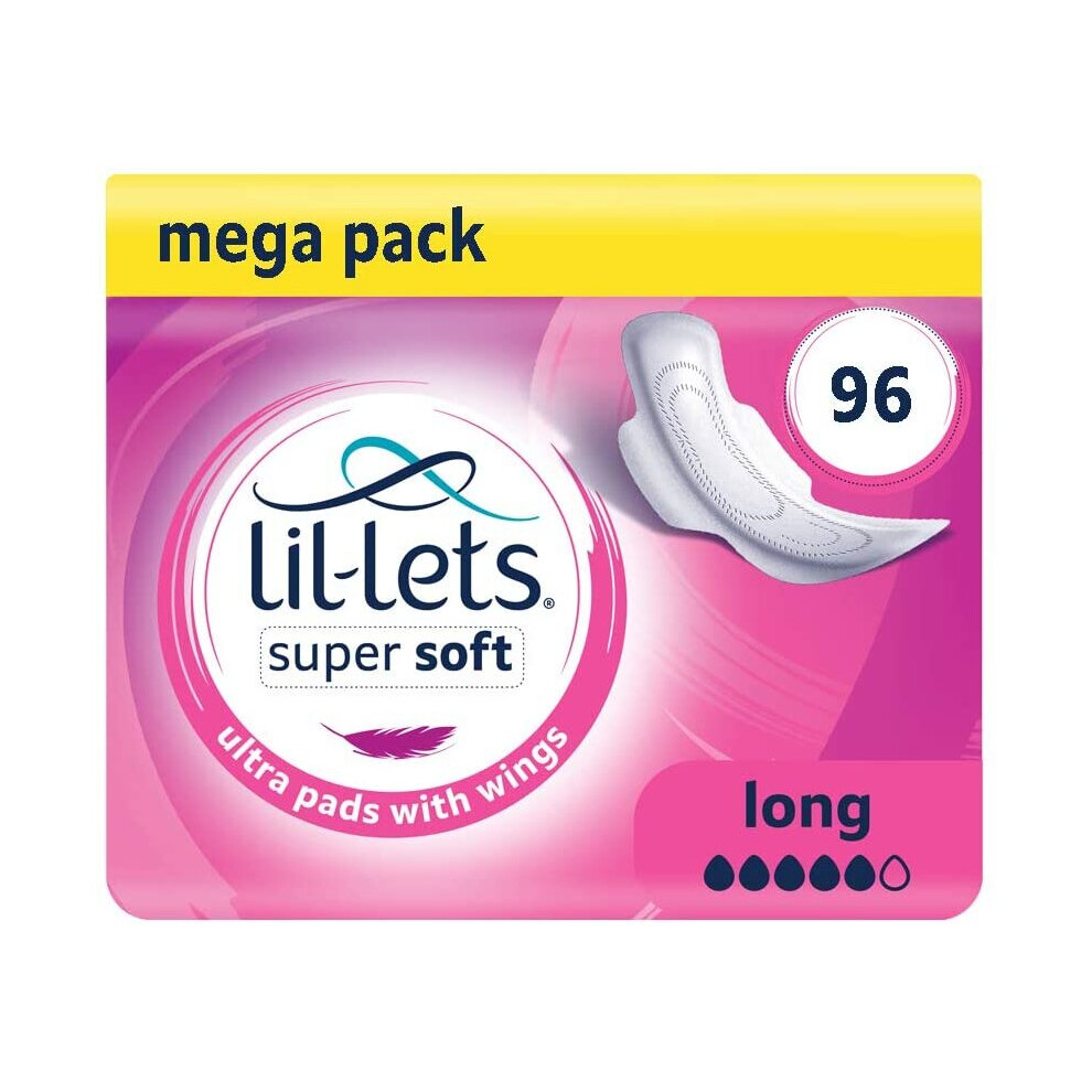 Lil-Lets Super Ultra Soft Sanitary Pads Long with Wings, Unscented, 96 Count, Pack of 8