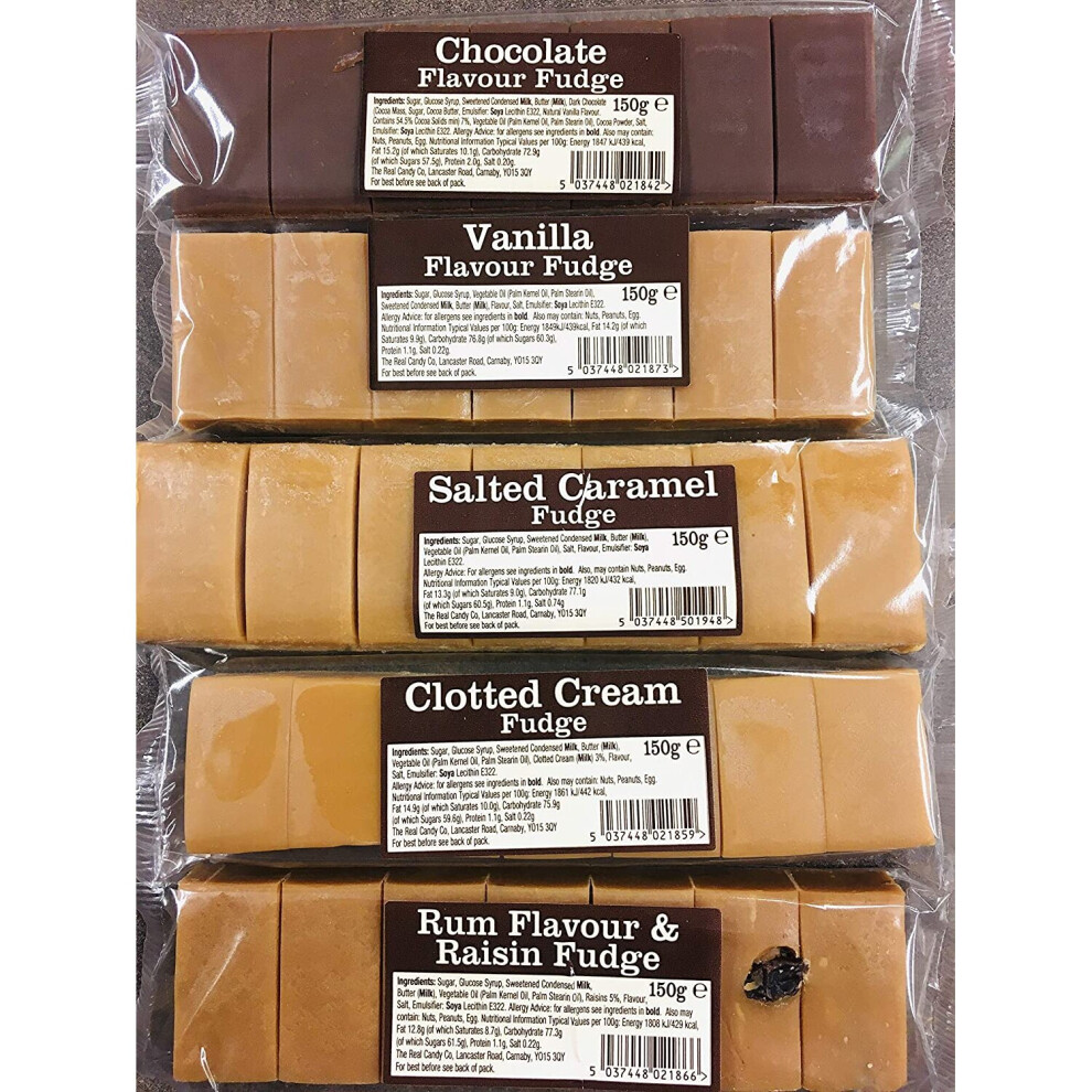 Fudge Bar Gift Set (5 Pack of 150g Each) - Vanilla - Chocolate - Salted Caramel - Clotted Cream - Rum and Raisin