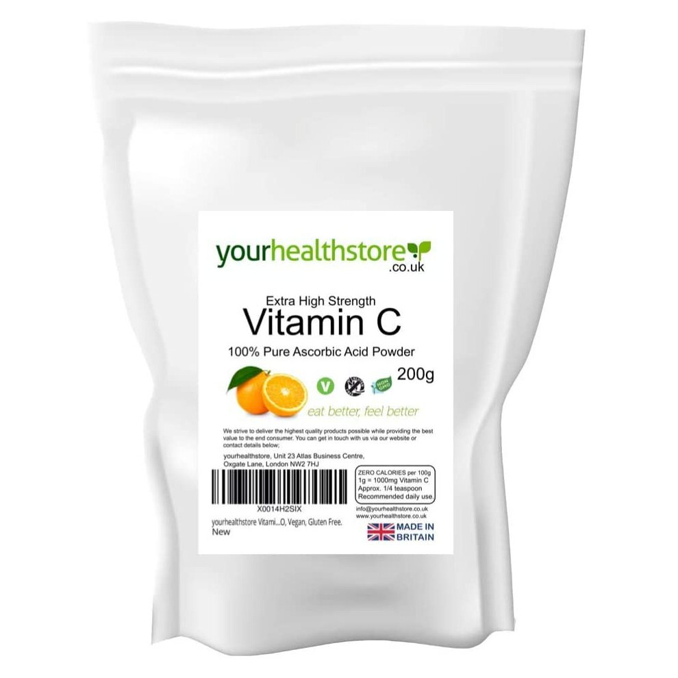 yourhealthstore Vitamin C Powder 200g, Extra High Strength Ascorbic Acid â 100% Pure British Pharmaceutical Grade â Non-GMO, Vegan, Gluten Free.