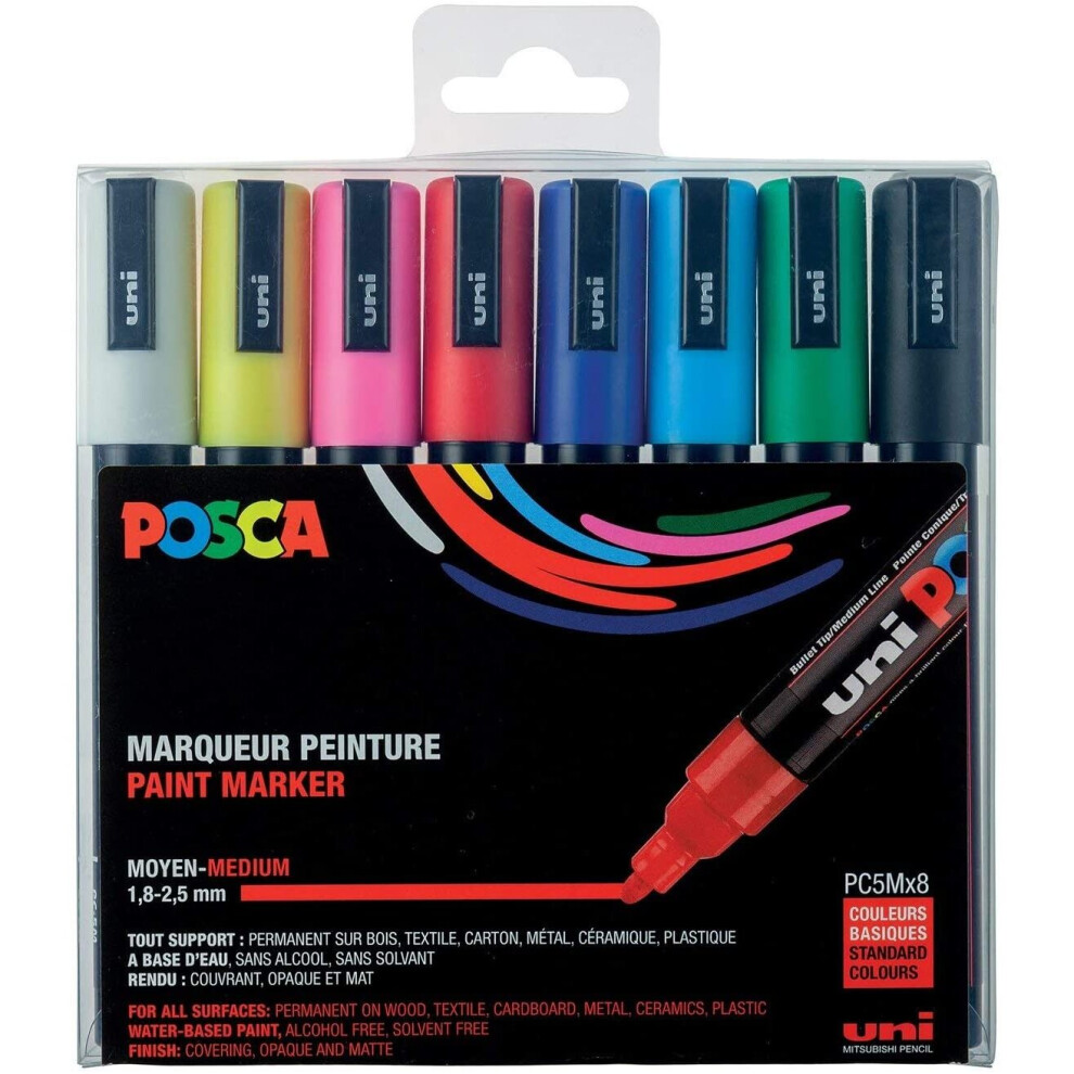 POSCA - uni-ball Mitsubishi Pencil - 8 PC5M Markers - Conical Tip - Classic Colors - Posca Medium Tip - Water Based Paint Markers - Any Support - For