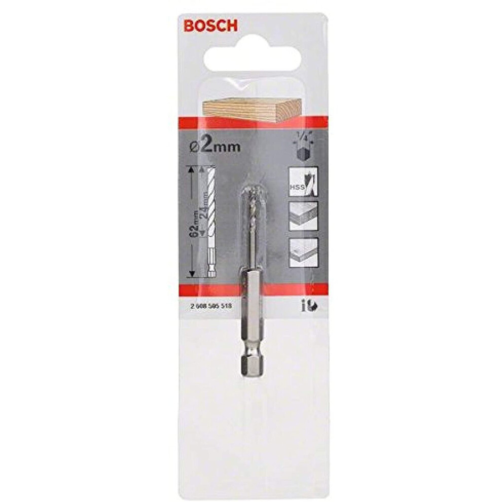 Bosch 2608595518 Hex Shank Wood Drill Bit, 2mm x 24mm x 62mm, Silver