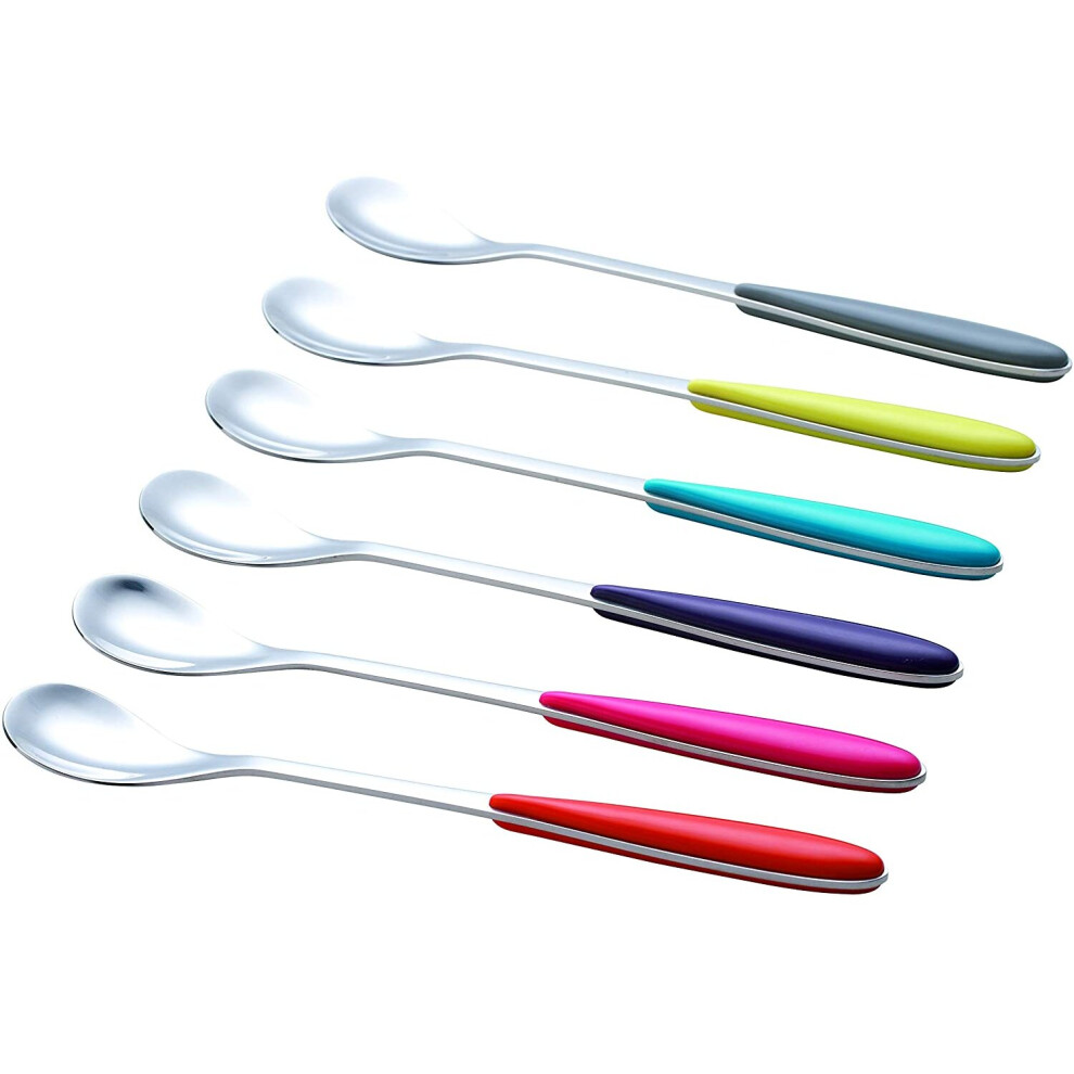 EXZACT Ice-cream Sundae Spoon 6pcs Stainless Steel Assorted Colours - Long Handle, Latte Spoon, Mirror Polished - Ideal for Coffee, Dessert, Hot Choco