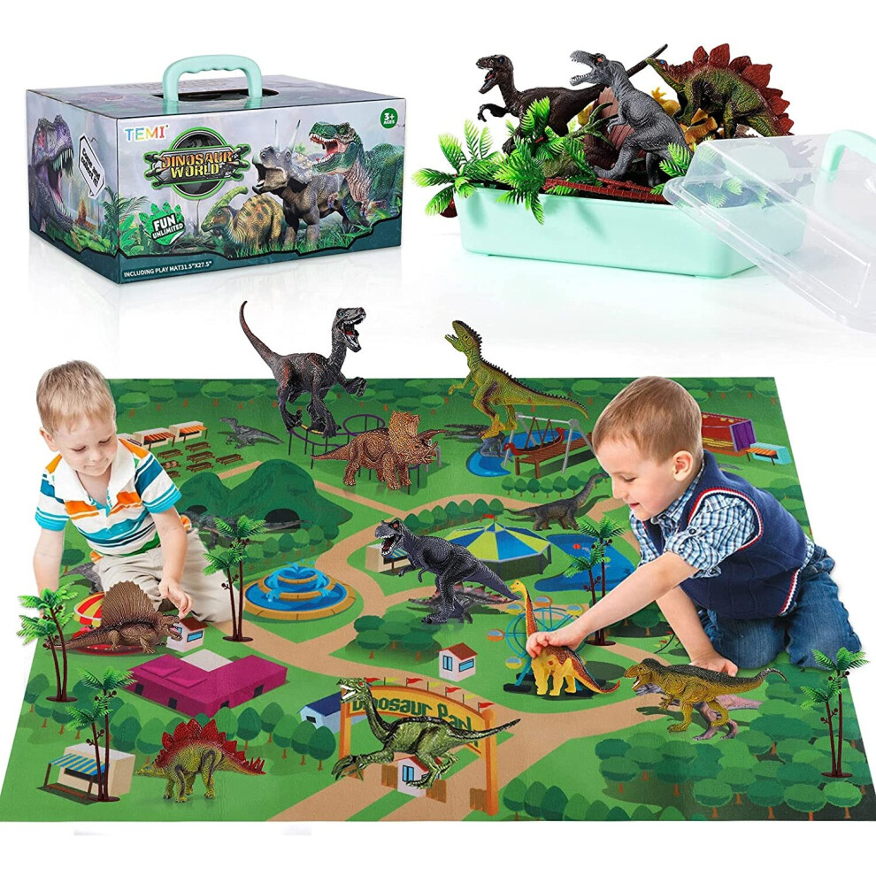 TEMI Dinosaur Toy Figure with Activity Play Mat & Trees, Educational Realistic Dinosaur Playset to Create a Dino World Including T-Rex, Triceratops, V