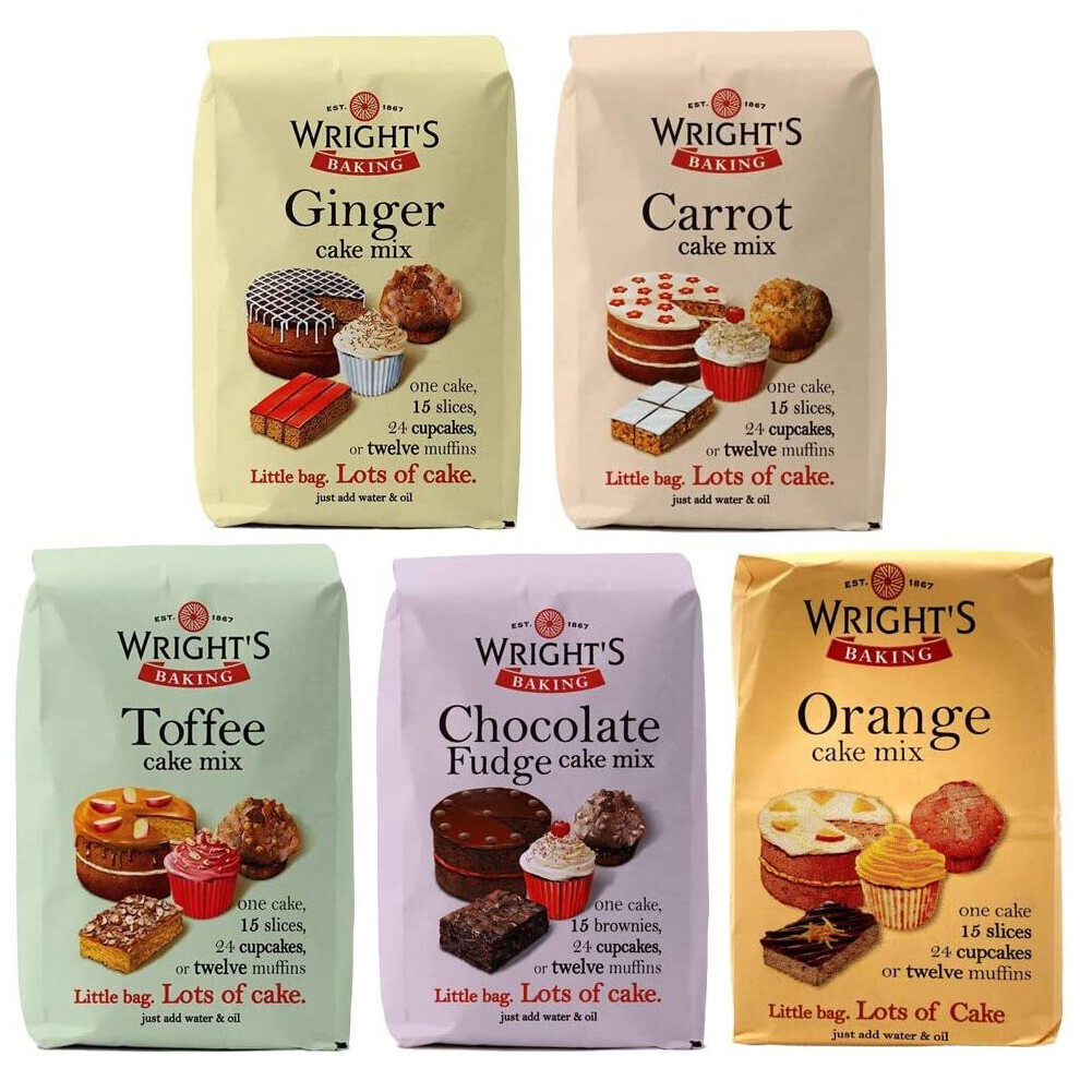 Wright's Baking Cake Mix Selection Pack - Ginger, Carrot, Toffee, Chocolate Fudge & (One Of Each 500G Pack) Orange