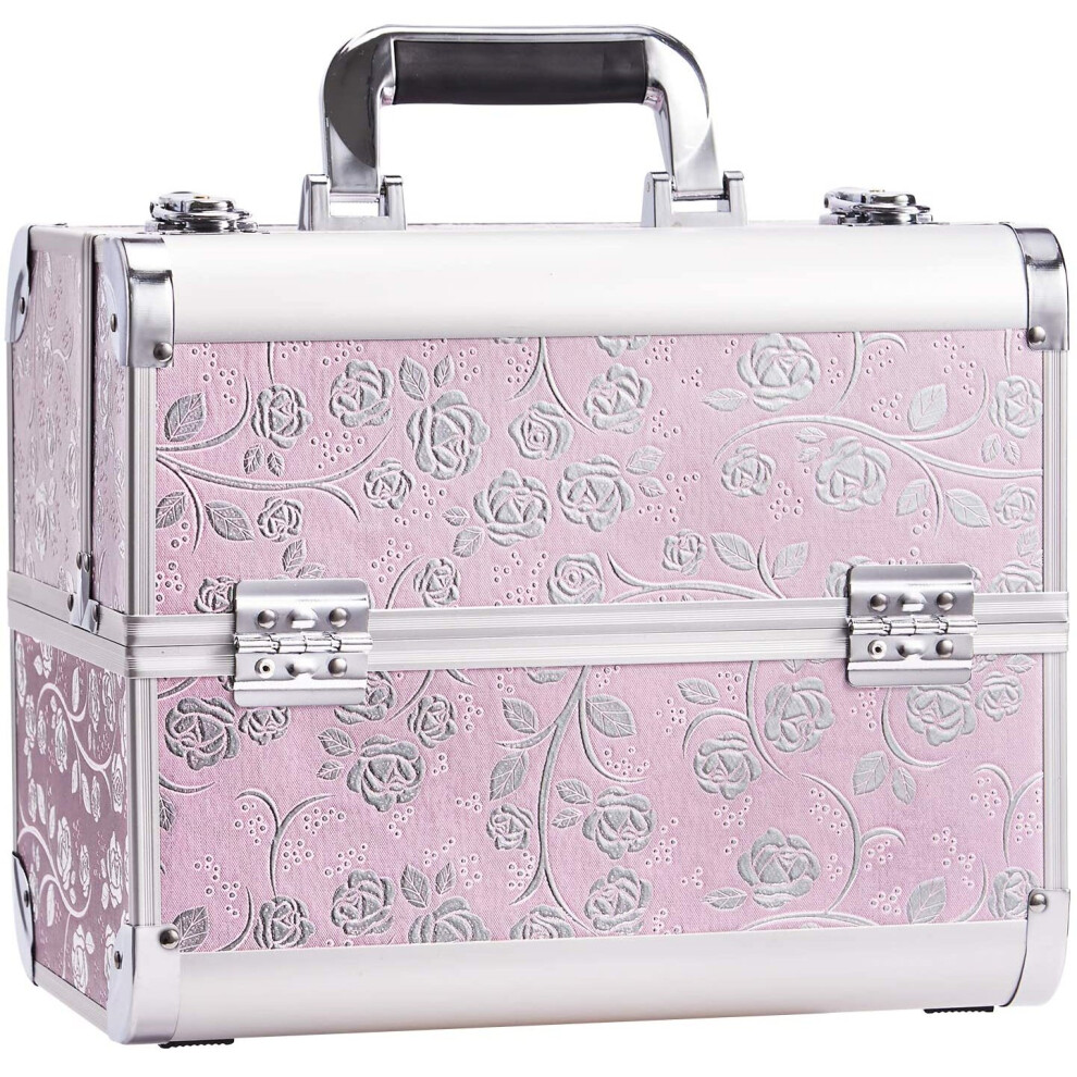 Professional Large Makeup Case Aluminium Cosmetic Vanity Box Beauty Organiser Case Train Case 4 Trays Lockable Lock with Keys, Pink Rose