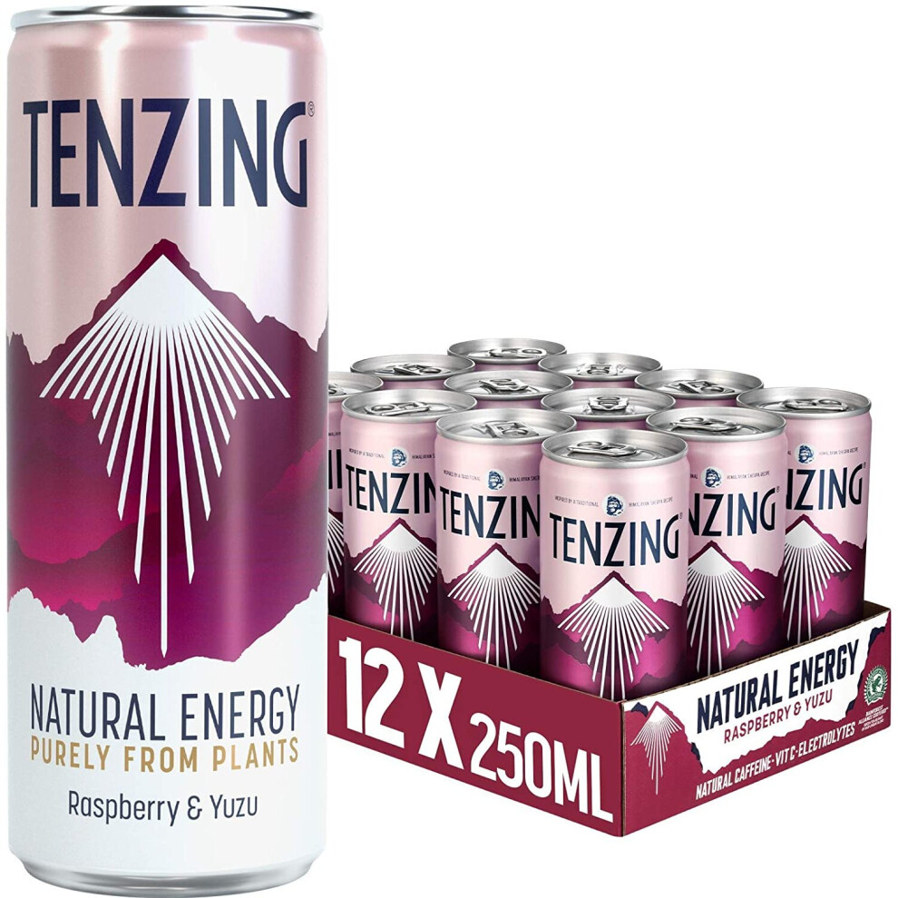 TENZING Natural Energy Drink, Plant Based, Vegan, & Gluten Free Drink, Raspberry & Yuzu, 250ml (Pack of 12)