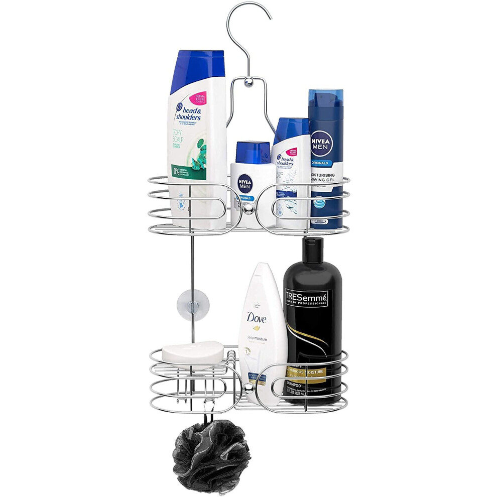 SKATCO Hanging Shower Caddy - 2-Tier Rust-Resistant Stainless Steel Shelves Chrome Rack Organizer Bathroom Basket Storage Holds Shampoo, Conditioner,